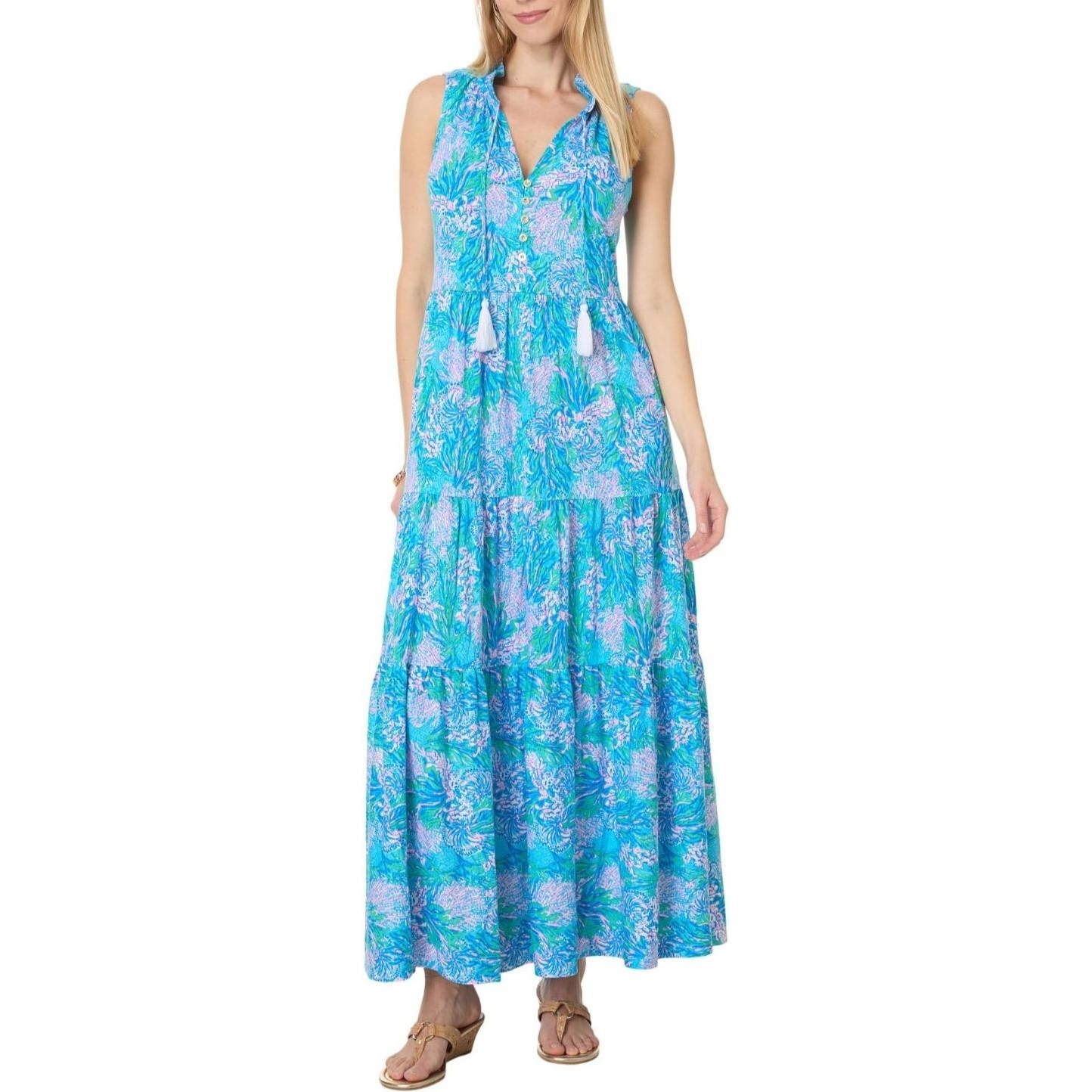 Lilly Pulitzer Malone Ruffle Maxi Dress Tiered Print Sleeveless Cotton M 287879